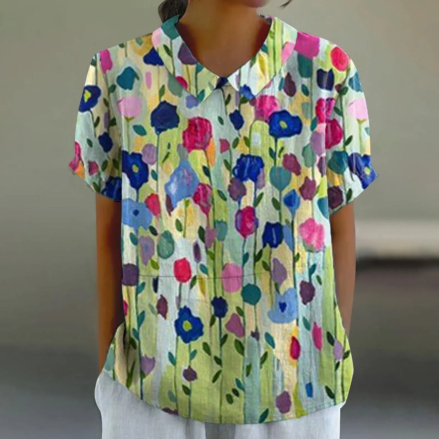 2025 Blusa de verano para mujer, camiseta informal de manga corta con estampado, blusa con cuello de solapa, blusas con botones de tendencia a la moda para mujer