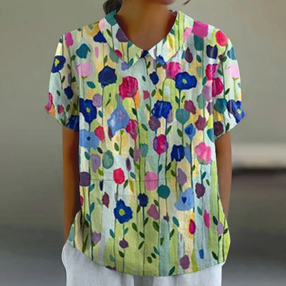 2025 Blusa de verano para mujer, camiseta informal de manga corta con estampado, blusa con cuello de solapa, blusas con botones de tendencia a la moda para mujer