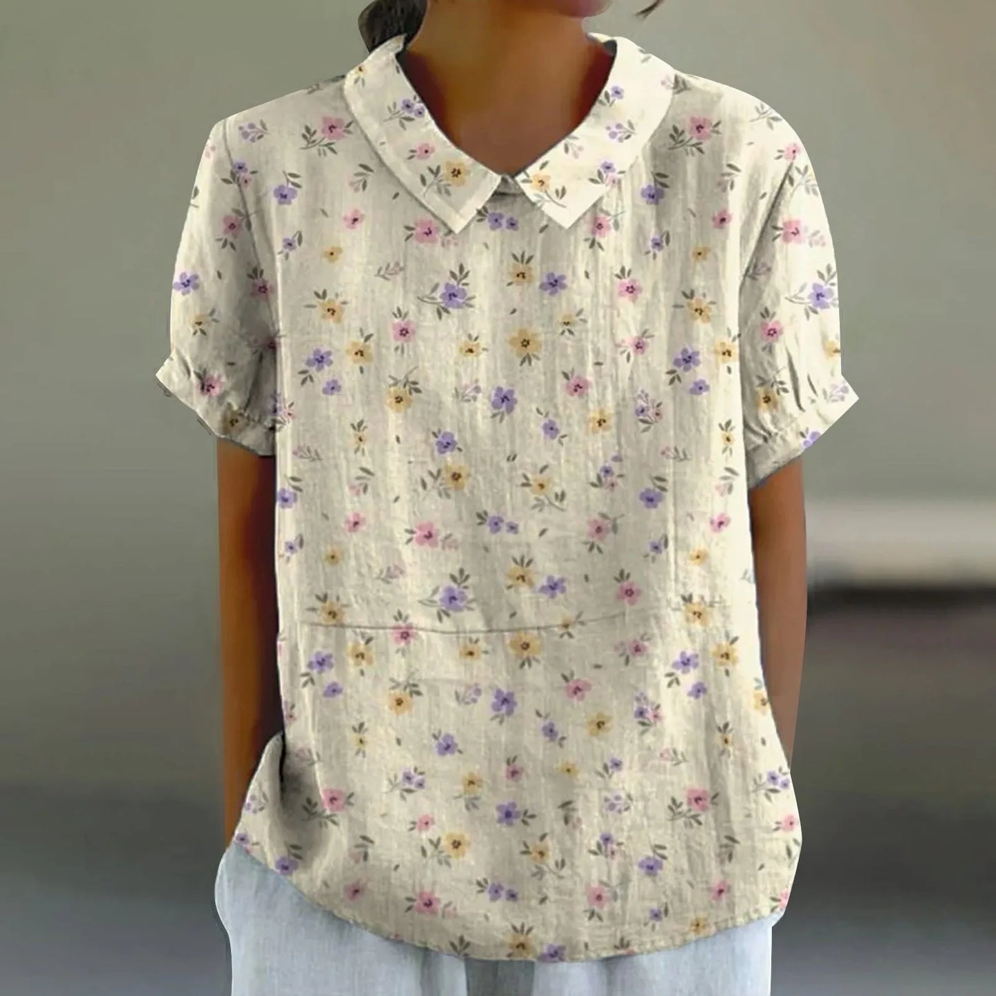 2025 Blusa de verano para mujer, camiseta informal de manga corta con estampado, blusa con cuello de solapa, blusas con botones de tendencia a la moda para mujer