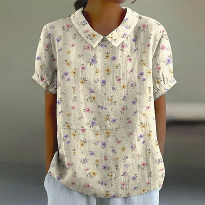 2025 Blusa de verano para mujer, camiseta informal de manga corta con estampado, blusa con cuello de solapa, blusas con botones de tendencia a la moda para mujer