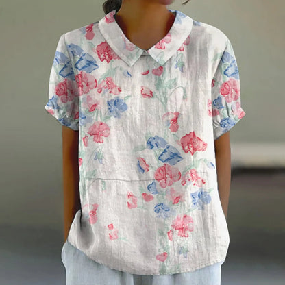 2025 Blusa de verano para mujer, camiseta informal de manga corta con estampado, blusa con cuello de solapa, blusas con botones de tendencia a la moda para mujer