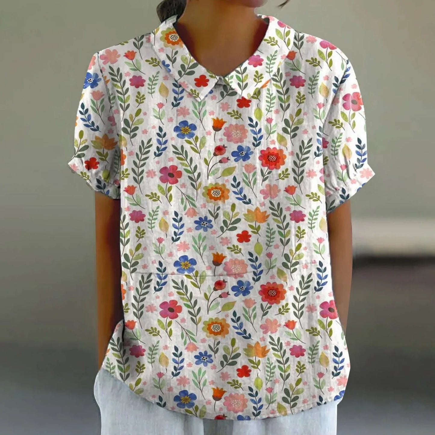 2025 Blusa de verano para mujer, camiseta informal de manga corta con estampado, blusa con cuello de solapa, blusas con botones de tendencia a la moda para mujer