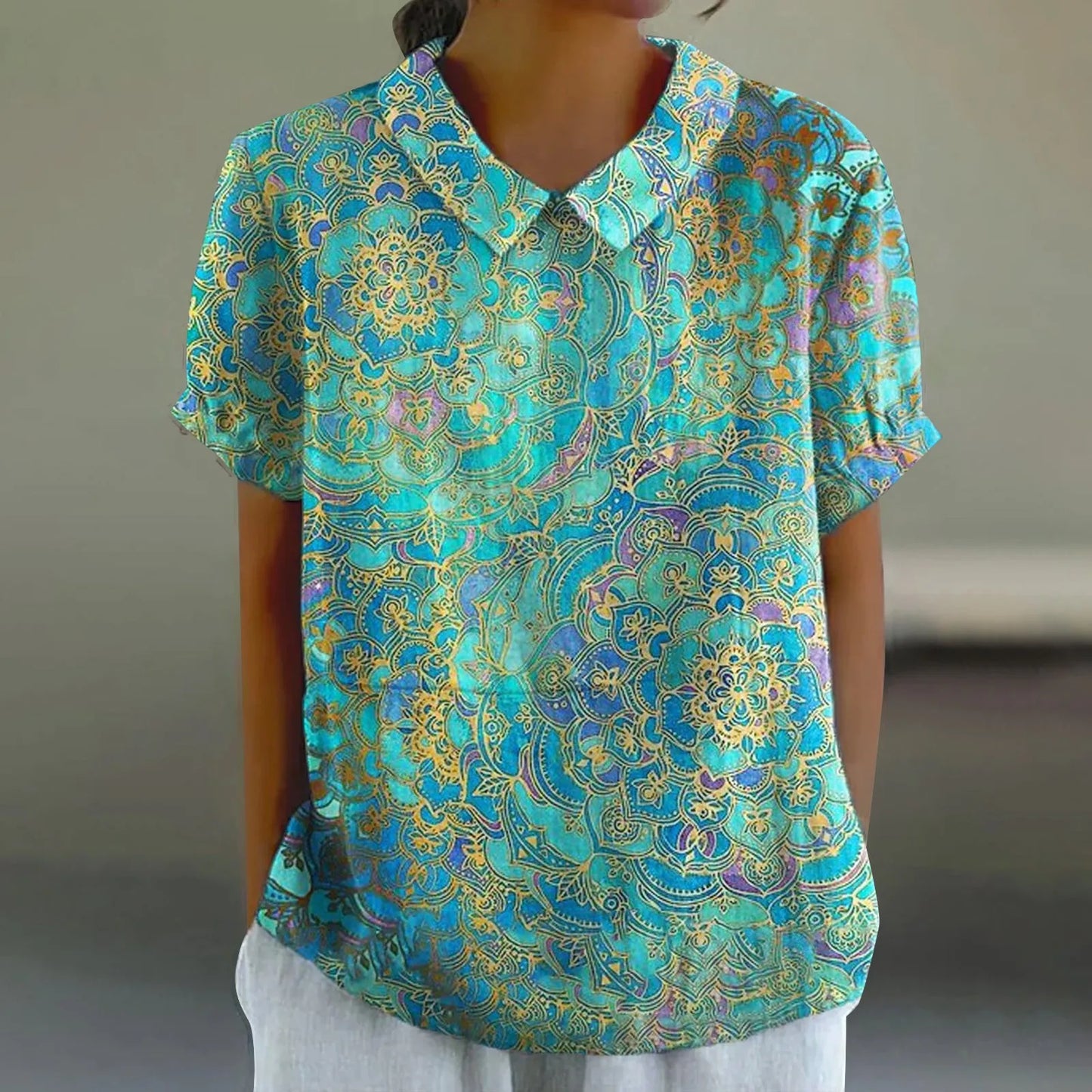 2025 Blusa de verano para mujer, camiseta informal de manga corta con estampado, blusa con cuello de solapa, blusas con botones de tendencia a la moda para mujer