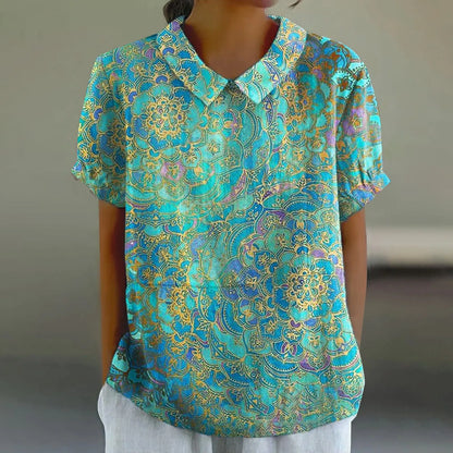 2025 Blusa de verano para mujer, camiseta informal de manga corta con estampado, blusa con cuello de solapa, blusas con botones de tendencia a la moda para mujer