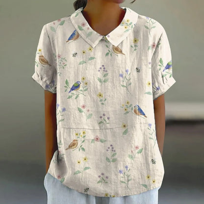 2025 Blusa de verano para mujer, camiseta informal de manga corta con estampado, blusa con cuello de solapa, blusas con botones de tendencia a la moda para mujer