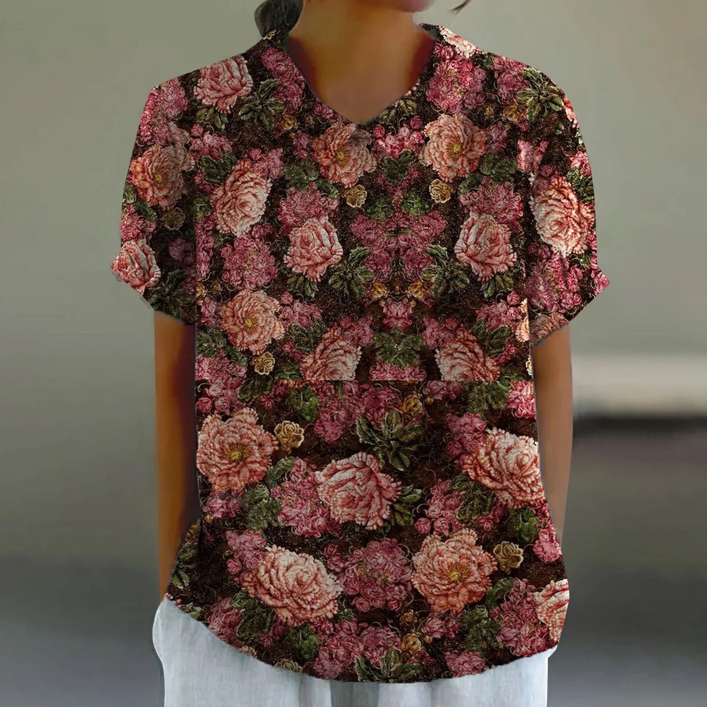 2025 Blusa de verano para mujer, camiseta informal de manga corta con estampado, blusa con cuello de solapa, blusas con botones de tendencia a la moda para mujer