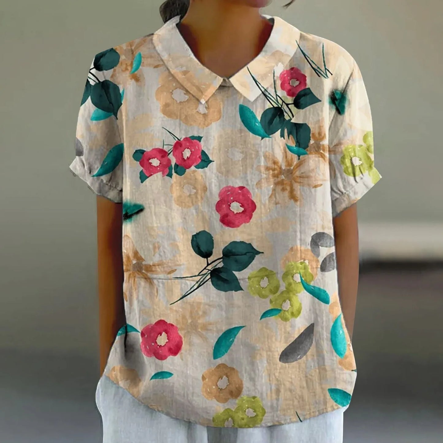 2025 Blusa de verano para mujer, camiseta informal de manga corta con estampado, blusa con cuello de solapa, blusas con botones de tendencia a la moda para mujer