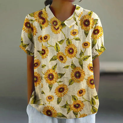 2025 Blusa de verano para mujer, camiseta informal de manga corta con estampado, blusa con cuello de solapa, blusas con botones de tendencia a la moda para mujer