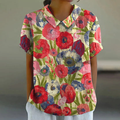 2025 Blusa de verano para mujer, camiseta informal de manga corta con estampado, blusa con cuello de solapa, blusas con botones de tendencia a la moda para mujer