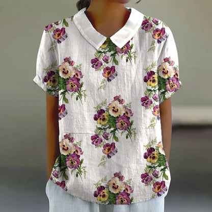 2025 Blusa de verano para mujer, camiseta informal de manga corta con estampado, blusa con cuello de solapa, blusas con botones de tendencia a la moda para mujer