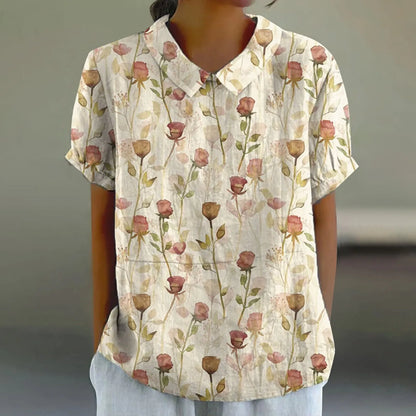 2025 Blusa de verano para mujer, camiseta informal de manga corta con estampado, blusa con cuello de solapa, blusas con botones de tendencia a la moda para mujer