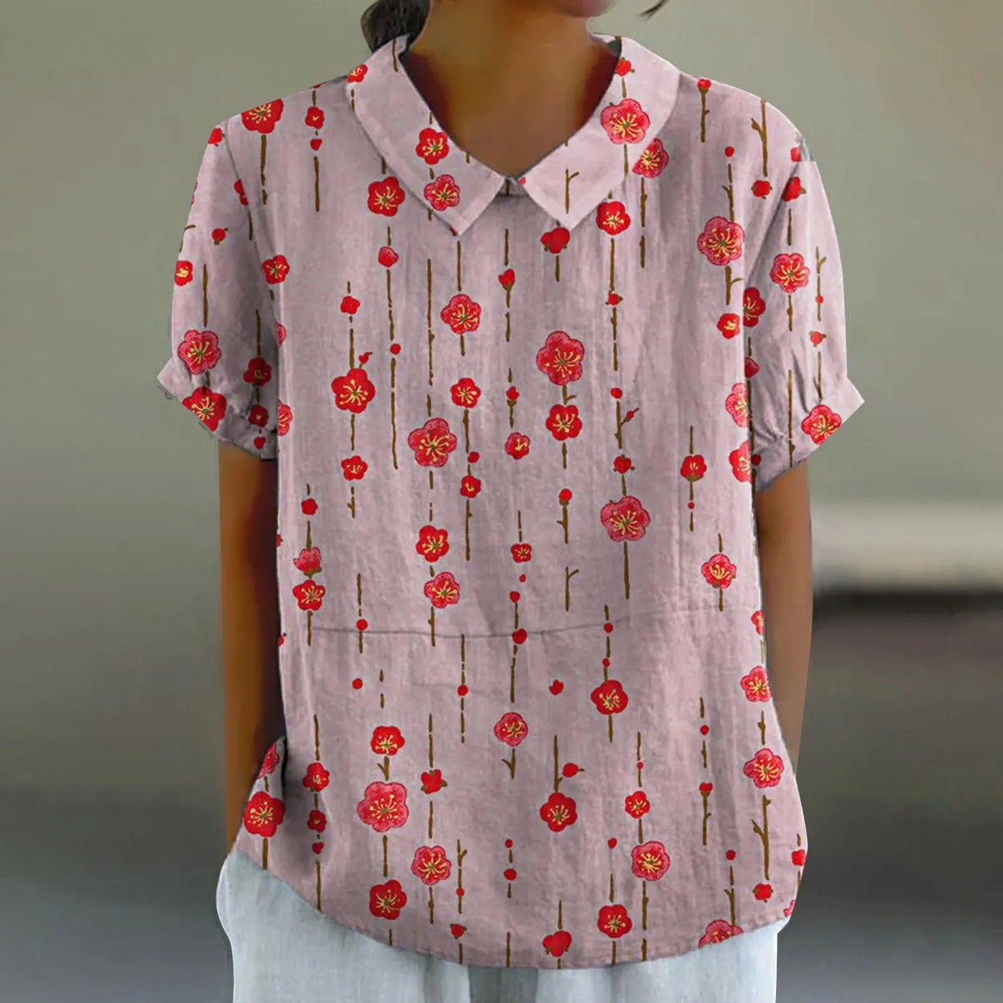 2025 Blusa de verano para mujer, camiseta informal de manga corta con estampado, blusa con cuello de solapa, blusas con botones de tendencia a la moda para mujer