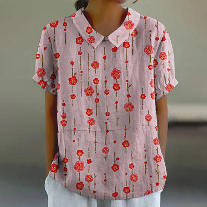 2025 Blusa de verano para mujer, camiseta informal de manga corta con estampado, blusa con cuello de solapa, blusas con botones de tendencia a la moda para mujer