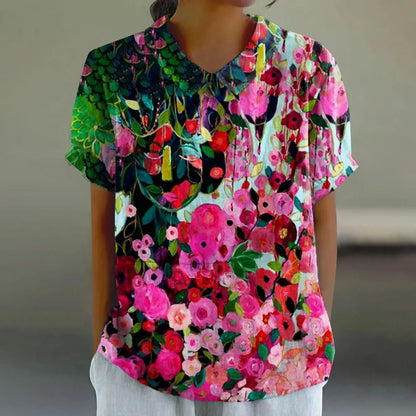 2025 Blusa de verano para mujer, camiseta informal de manga corta con estampado, blusa con cuello de solapa, blusas con botones de tendencia a la moda para mujer