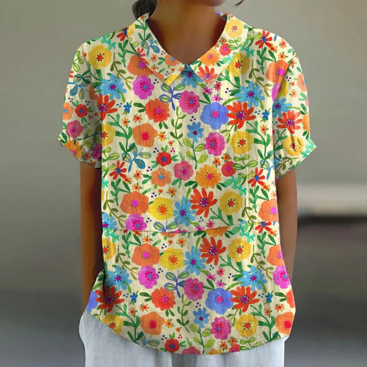 2025 Blusa de verano para mujer, camiseta informal de manga corta con estampado, blusa con cuello de solapa, blusas con botones de tendencia a la moda para mujer