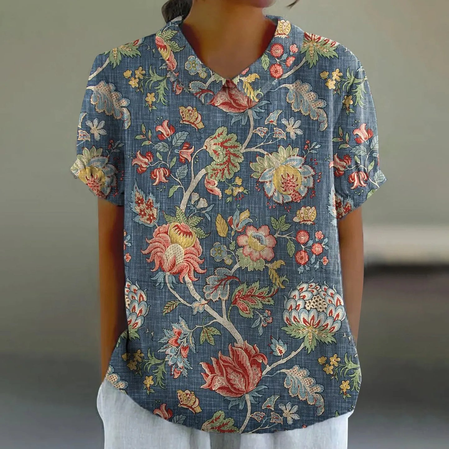 2025 Blusa de verano para mujer, camiseta informal de manga corta con estampado, blusa con cuello de solapa, blusas con botones de tendencia a la moda para mujer