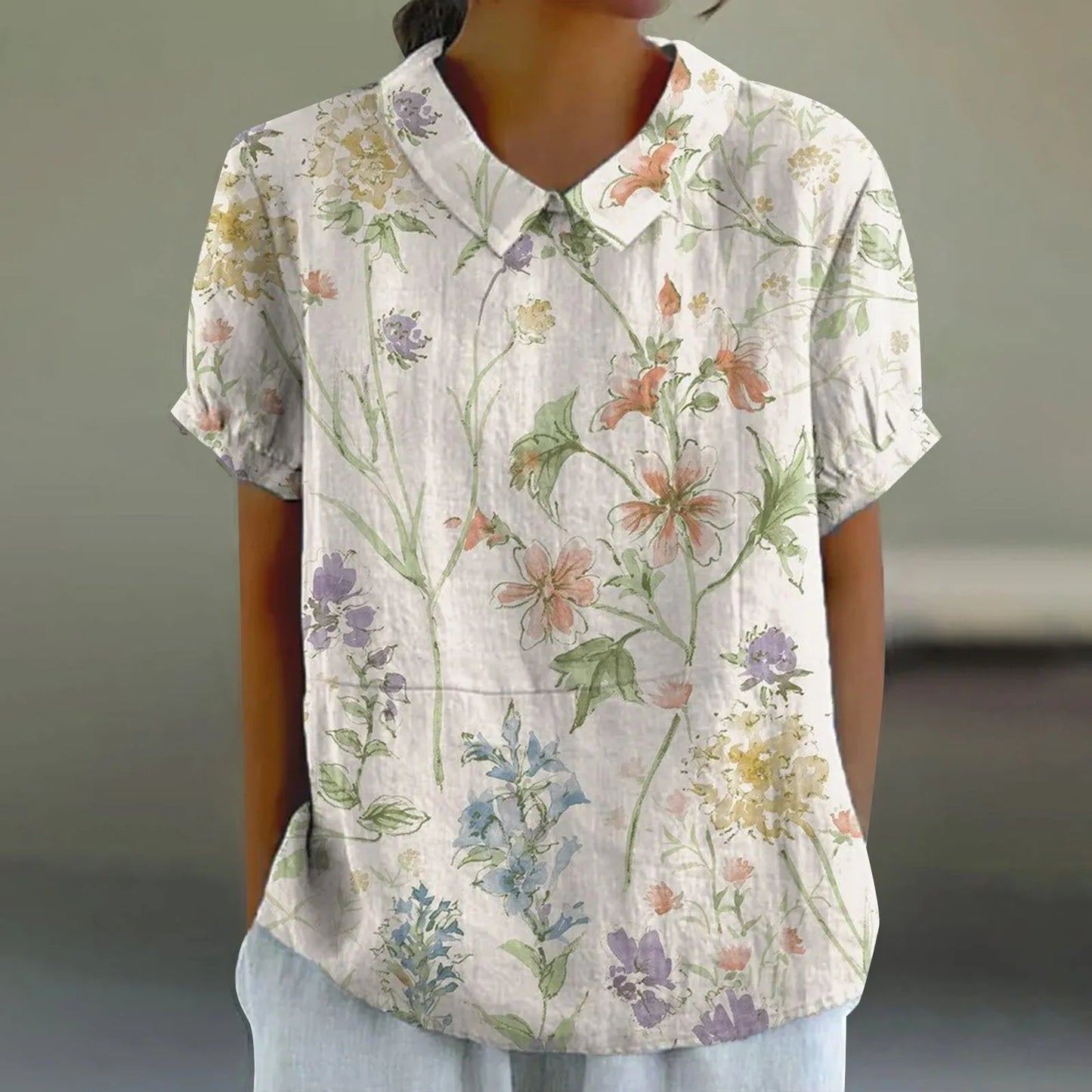 2025 Blusa de verano para mujer, camiseta informal de manga corta con estampado, blusa con cuello de solapa, blusas con botones de tendencia a la moda para mujer