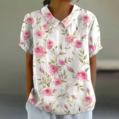 2025 Blusa de verano para mujer, camiseta informal de manga corta con estampado, blusa con cuello de solapa, blusas con botones de tendencia a la moda para mujer