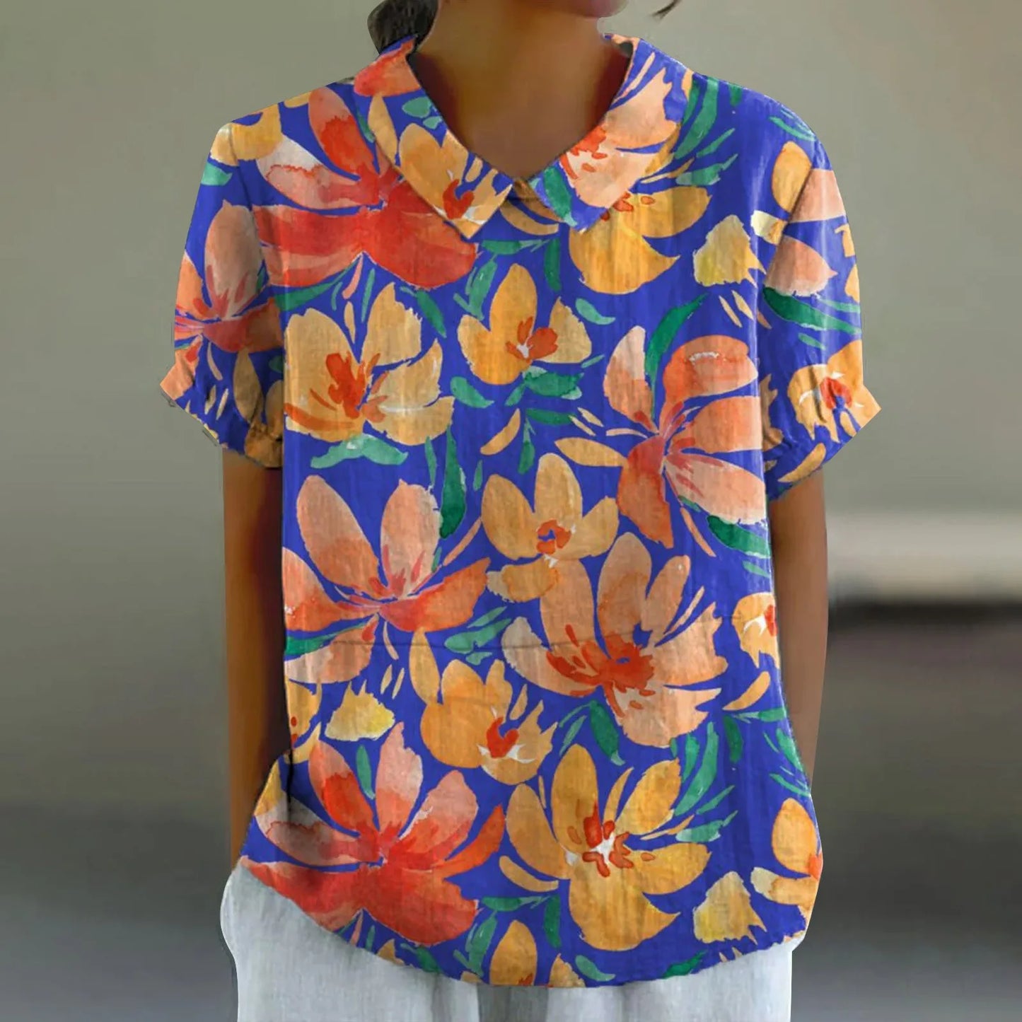 2025 Blusa de verano para mujer, camiseta informal de manga corta con estampado, blusa con cuello de solapa, blusas con botones de tendencia a la moda para mujer
