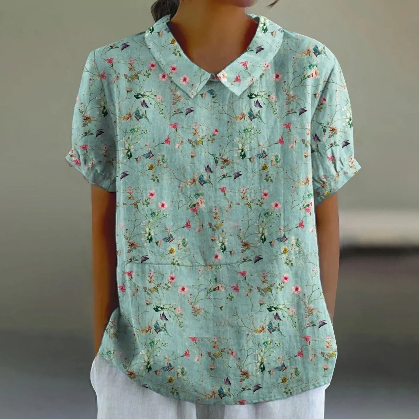2025 Blusa de verano para mujer, camiseta informal de manga corta con estampado, blusa con cuello de solapa, blusas con botones de tendencia a la moda para mujer