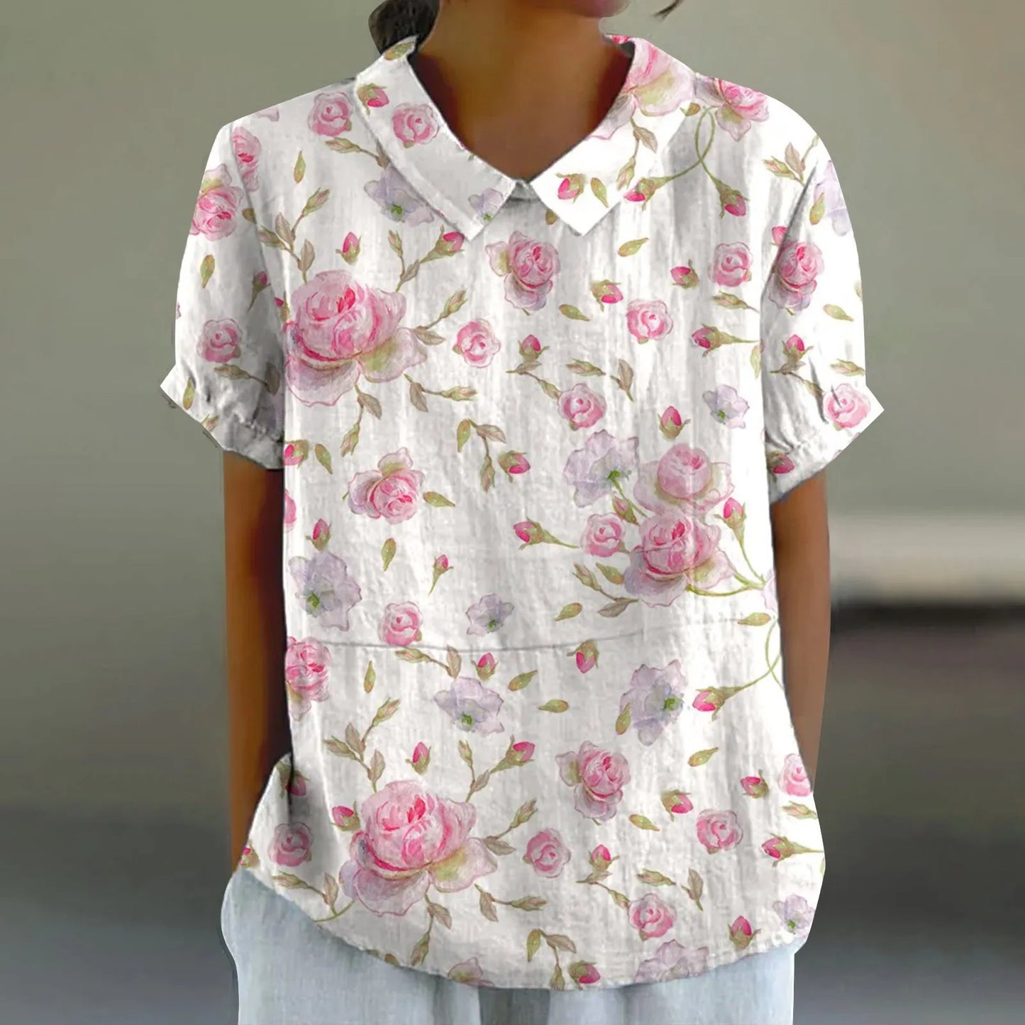 2025 Blusa de verano para mujer, camiseta informal de manga corta con estampado, blusa con cuello de solapa, blusas con botones de tendencia a la moda para mujer