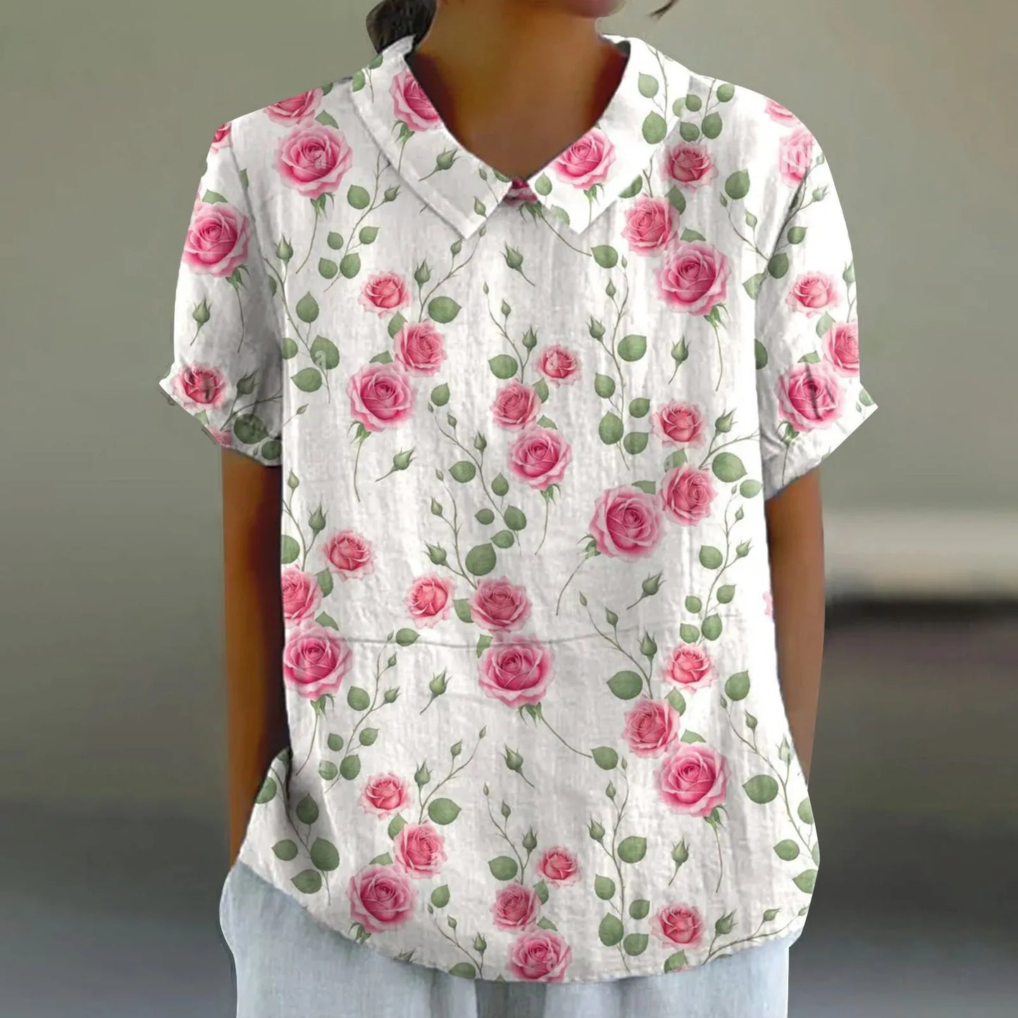 2025 Blusa de verano para mujer, camiseta informal de manga corta con estampado, blusa con cuello de solapa, blusas con botones de tendencia a la moda para mujer