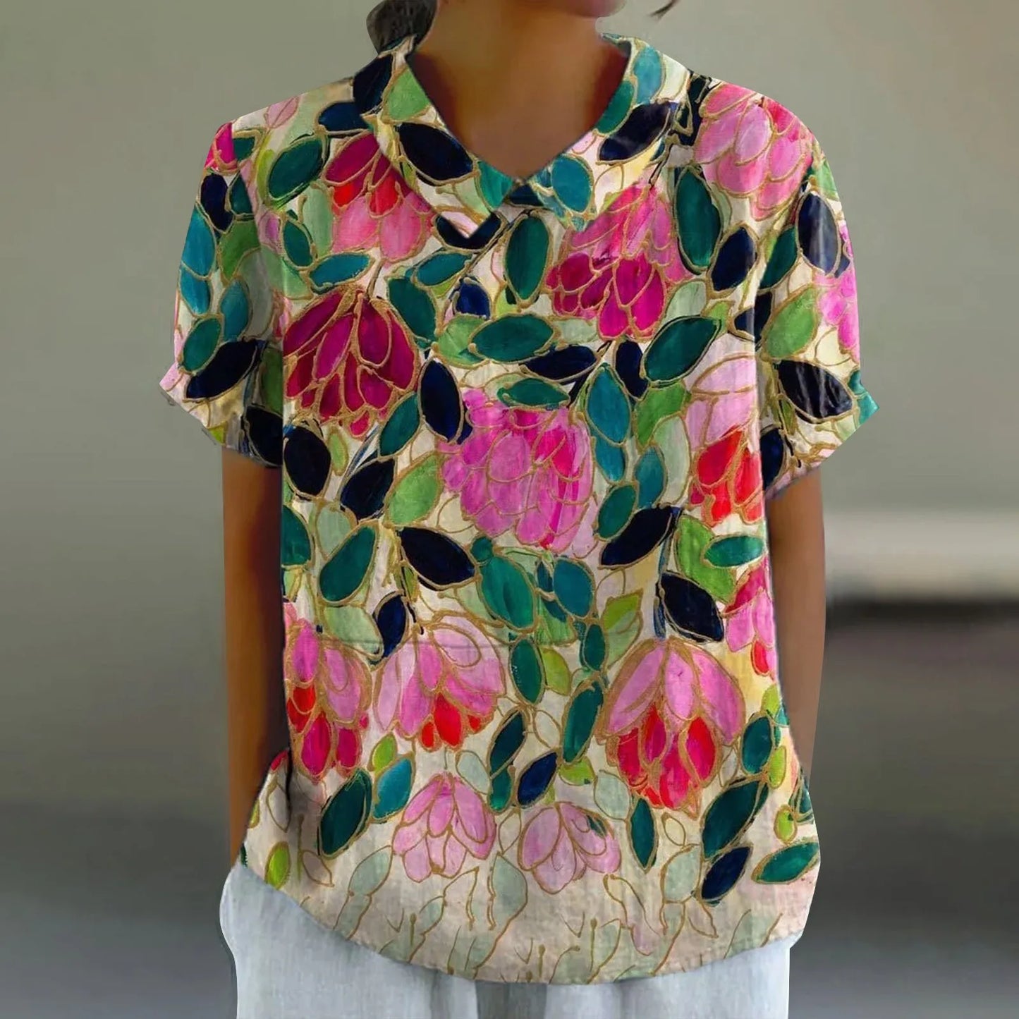 2025 Blusa de verano para mujer, camiseta informal de manga corta con estampado, blusa con cuello de solapa, blusas con botones de tendencia a la moda para mujer