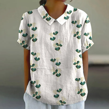 2025 Blusa de verano para mujer, camiseta informal de manga corta con estampado, blusa con cuello de solapa, blusas con botones de tendencia a la moda para mujer