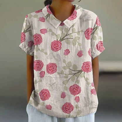 2025 Blusa de verano para mujer, camiseta informal de manga corta con estampado, blusa con cuello de solapa, blusas con botones de tendencia a la moda para mujer