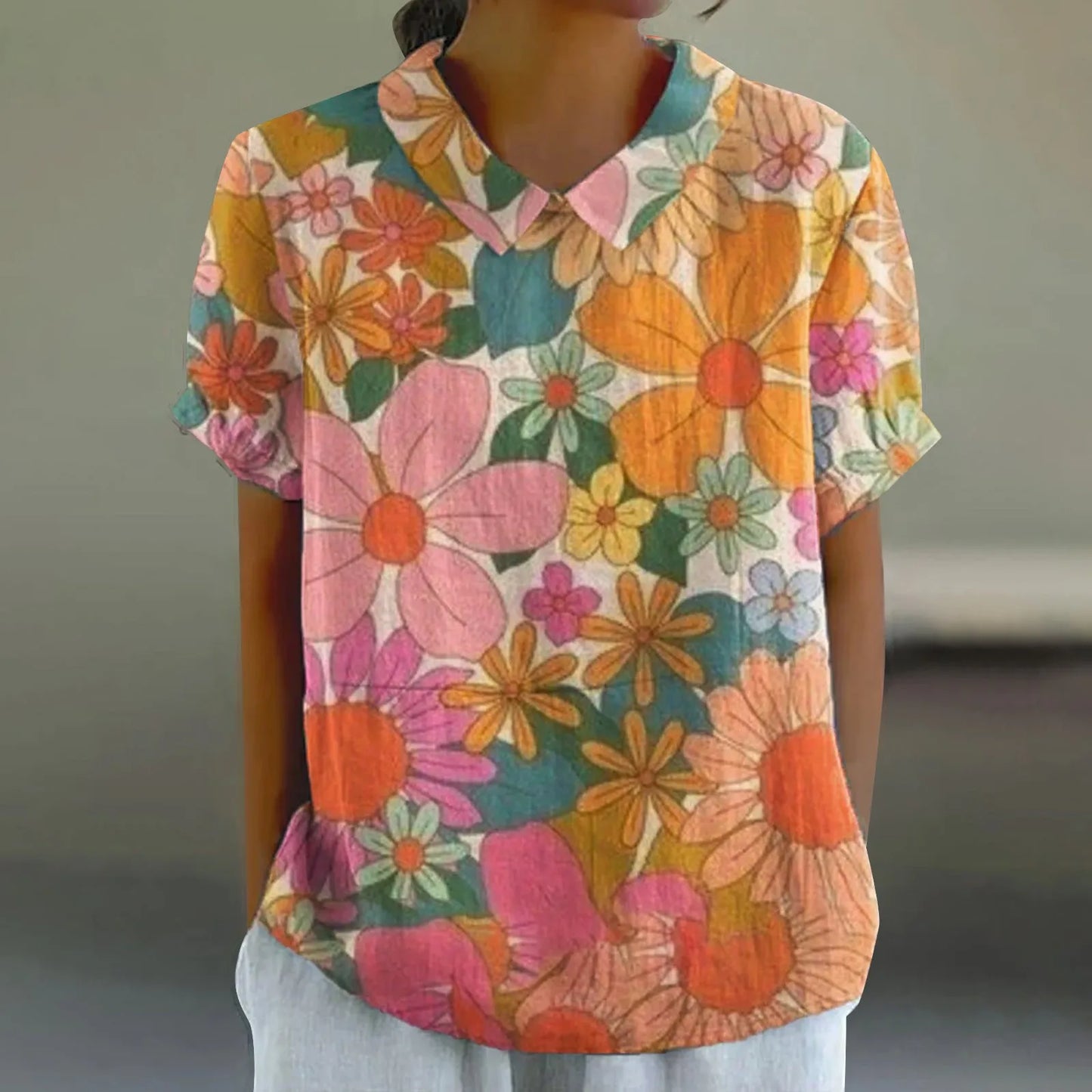 2025 Blusa de verano para mujer, camiseta informal de manga corta con estampado, blusa con cuello de solapa, blusas con botones de tendencia a la moda para mujer