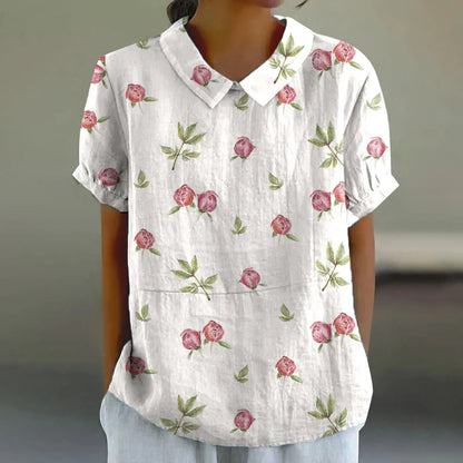 2025 Blusa de verano para mujer, camiseta informal de manga corta con estampado, blusa con cuello de solapa, blusas con botones de tendencia a la moda para mujer