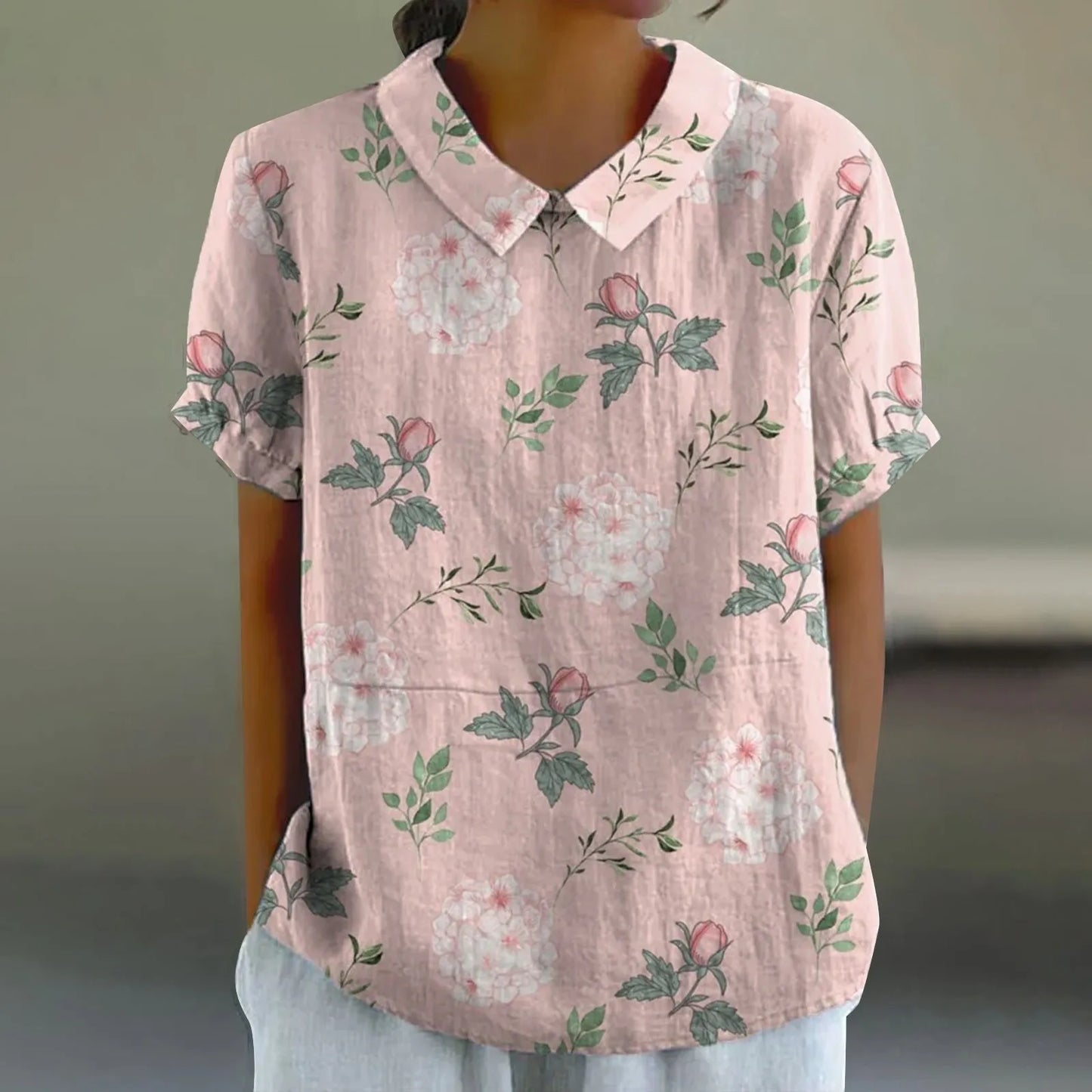 2025 Blusa de verano para mujer, camiseta informal de manga corta con estampado, blusa con cuello de solapa, blusas con botones de tendencia a la moda para mujer
