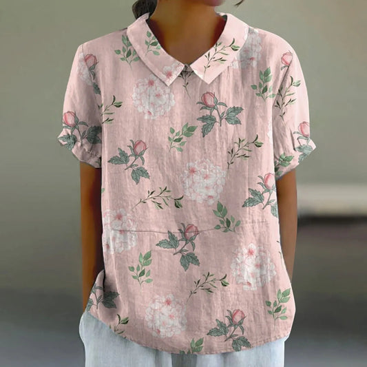 2025 Blusa de verano para mujer, camiseta informal de manga corta con estampado, blusa con cuello de solapa, blusas con botones de tendencia a la moda para mujer