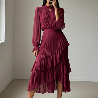 ✨Damen Plissee-Midikleid mit Volants und Schlüsselloch-Ausschnitt🌸💞